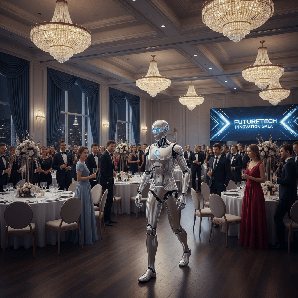 Robot navigating a luxury hotel ballroom during a corporate event