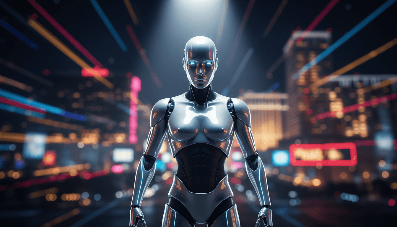 Sleek silver humanoid robot in spotlight with vibrant blurred city backdrop.