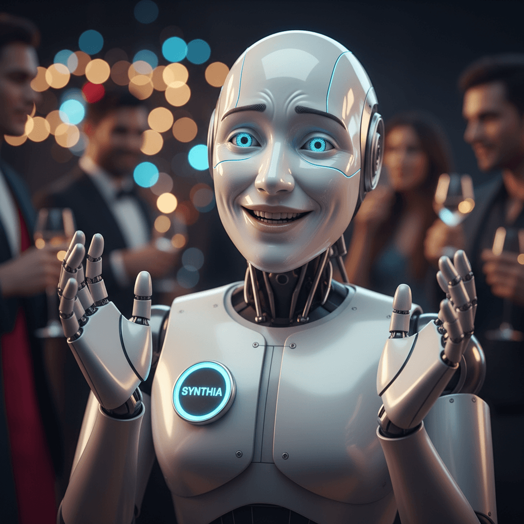 Close up of a humanoid robot's face and hands in conversation