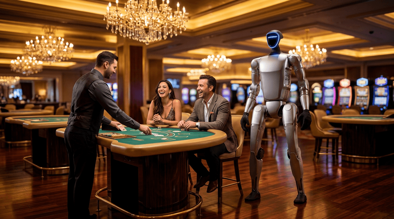 A tall humanoid robot stands beside a couple laughing at a luxurious casino table.