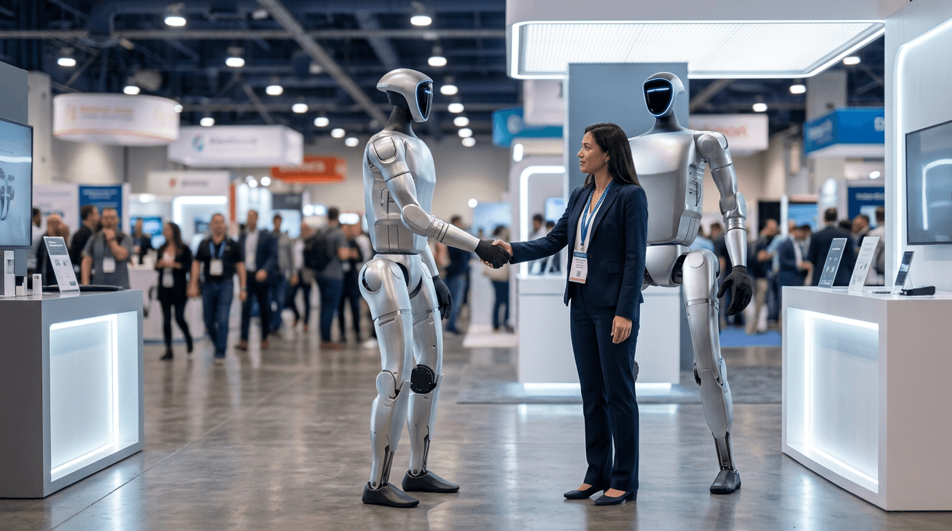 A woman shakes hands with a silver humanoid robot at a busy technology convention hall.