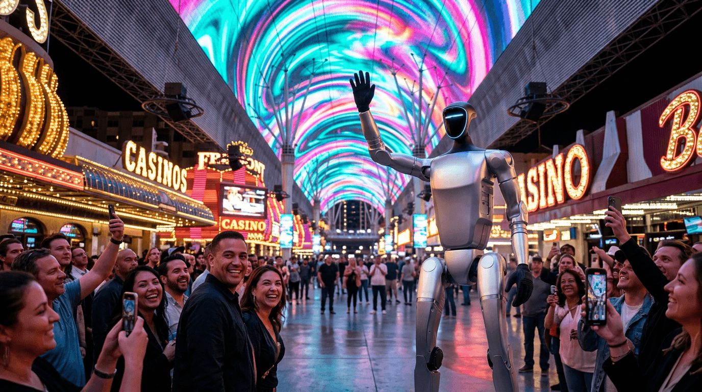 Sleek silver robot waving to a crowd under a colorful LED canopy in Las Vegas.