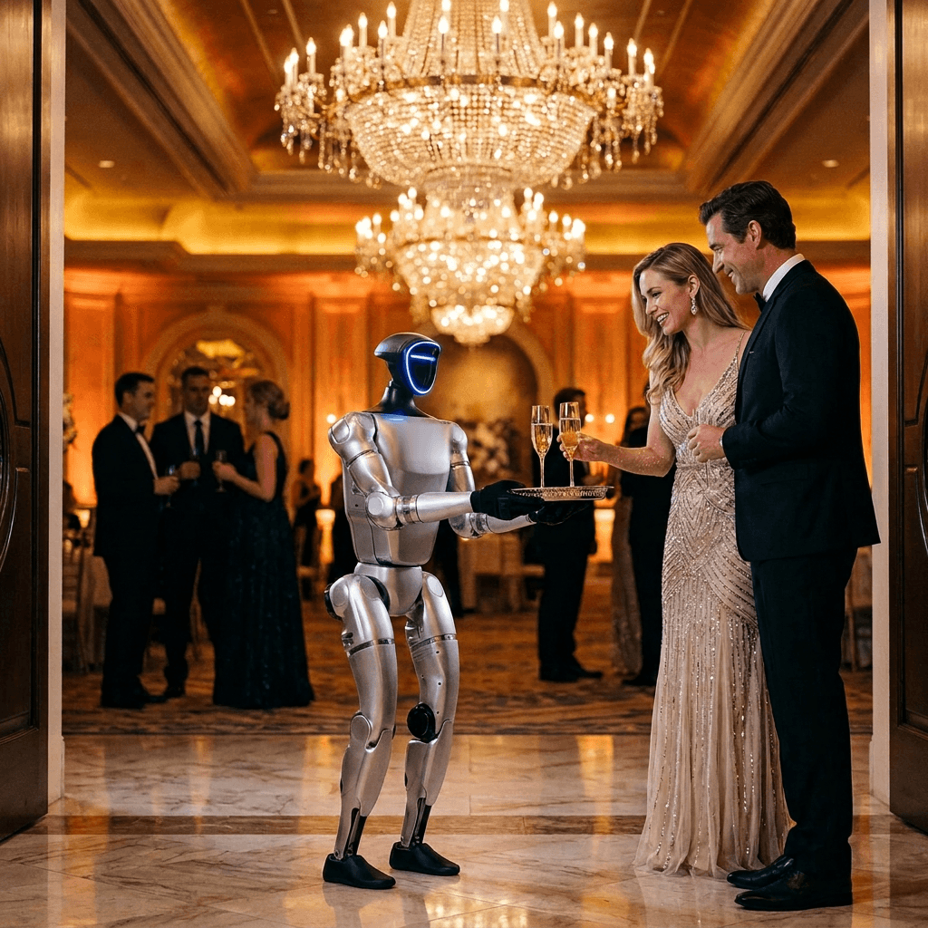 Sleek humanoid robot serving champagne to an elegant couple under a grand crystal chandelier.