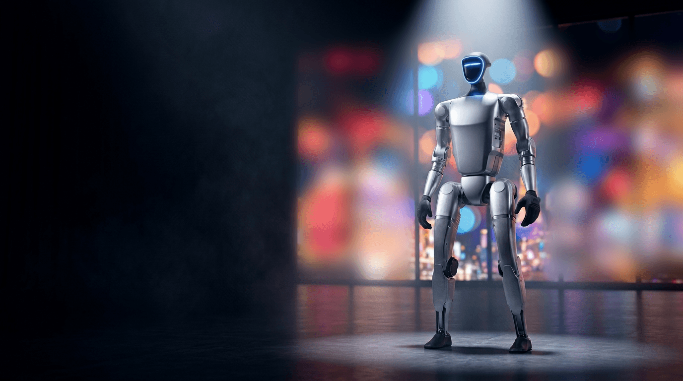 Sleek silver humanoid robot with a glowing blue visor standing under a spotlight at night.