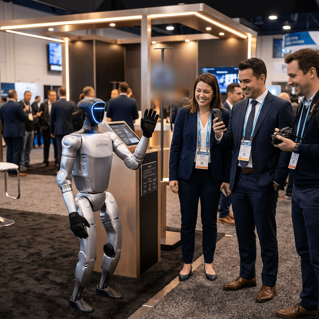 Silver humanoid robot waves at smiling professionals taking photos at a busy technology trade show.